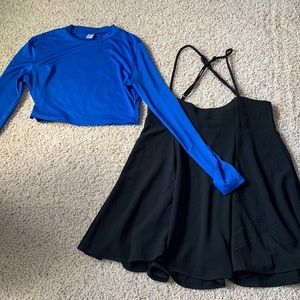 Amazon round neck long sleeve crop top and mini suspender brace skirt outfit